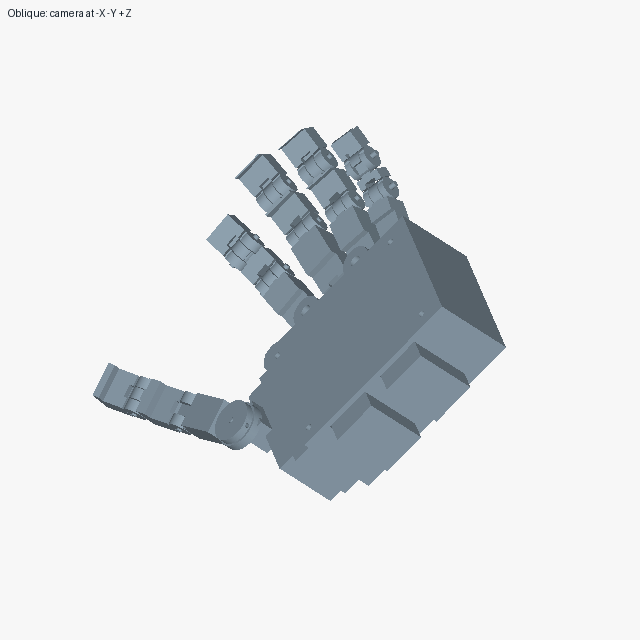 Oblique palm-facing view of the Halden reference hand, showing four fingers, thumb and palm housing.
